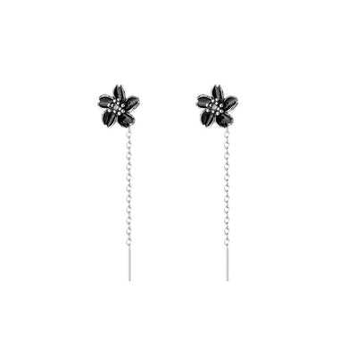 925 Sterling Silver Fashion Sweet Enamel Black Flower Tassel Stud Earrings