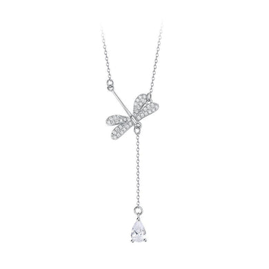 925 Sterling Silver Simple and Elegant Dragonfly Tassel Pendant with Cubic Zirconia and Necklace