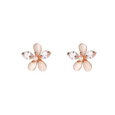 925 Sterling Silver Plated Rose Gold Simple Sweet Flower Imitation Cats Eye Stud Earrings with Cubic Zirconia
