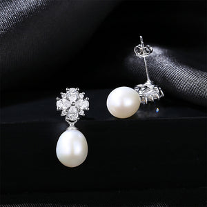 925 Sterling Silver Simple Sweet Flower Imitation Pearl Earrings with Cubic Zirconia