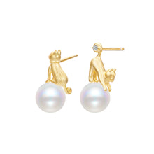 Load image into Gallery viewer, 925 Sterling Silver Plated Gold Fashion Cute Brushed Cat Imitation Pearl Stud Earrings with Cubic Zirconia