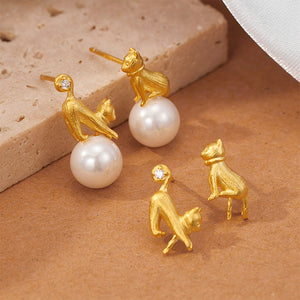 925 Sterling Silver Plated Gold Fashion Cute Brushed Cat Imitation Pearl Stud Earrings with Cubic Zirconia