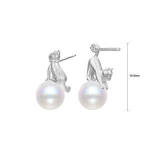 925 Sterling Silver Fashion Cute Brushed Cat Imitation Pearl Stud Earrings with Cubic Zirconia