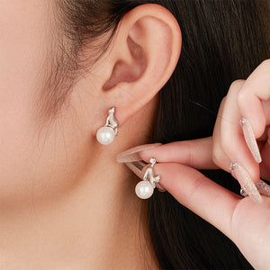 925 Sterling Silver Fashion Cute Brushed Cat Imitation Pearl Stud Earrings with Cubic Zirconia