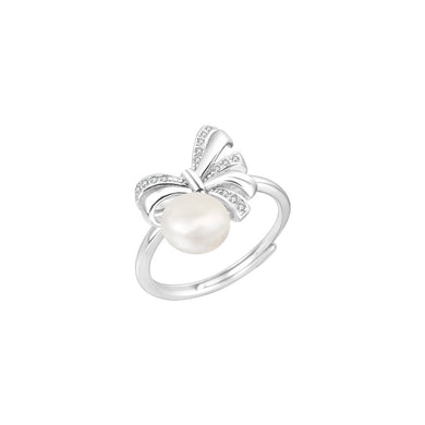 925 Sterling Silver Fashion Sweet Ribbon Freshwater Pearl Adjustable Ring with Cubic Zirconia