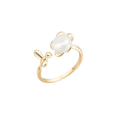 925 Sterling Silver Plated Gold Fashion Simple Flower Freshwater Pearl Adjustable Open Ring