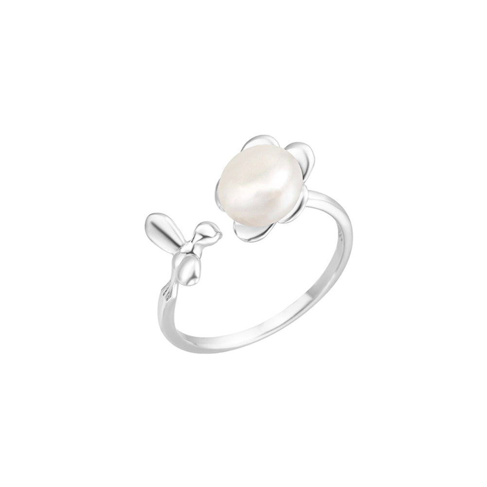 925 Sterling Silver Fashion Simple Flower Freshwater Pearl Adjustable Open Ring