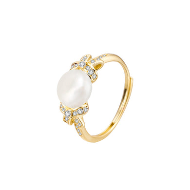925 Sterling Silver Plated Gold Fashion Simple Ribbon Freshwater Pearl Adjustable Ring with Cubic Zirconia