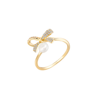 925 Sterling Silver Plated Gold Simple Sweet Ribbon Freshwater Pearl Adjustable Open Ring with Cubic Zirconia