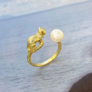 925 Sterling Silver Plated Gold Simple Vintage Cat Imitation Pearl Adjustable Open Ring