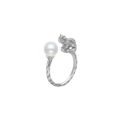 925 Sterling Silver Simple Vintage Cat Imitation Pearl Adjustable Open Ring