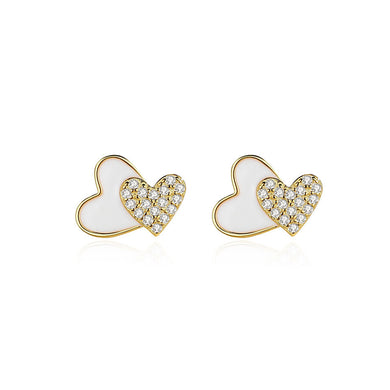 925 Sterling Silver Plated Gold Simple Sweet Double Heart Stud Earrings with Cubic Zirconia