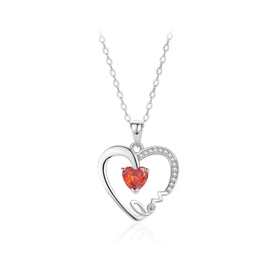 925 Sterling Silver Simple Romantic Love Heart-shaped Pendant with Red Cubic Zirconia and Necklace