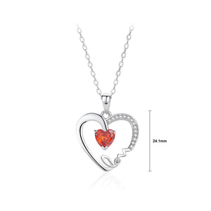 925 Sterling Silver Simple Romantic Love Heart-shaped Pendant with Red Cubic Zirconia and Necklace