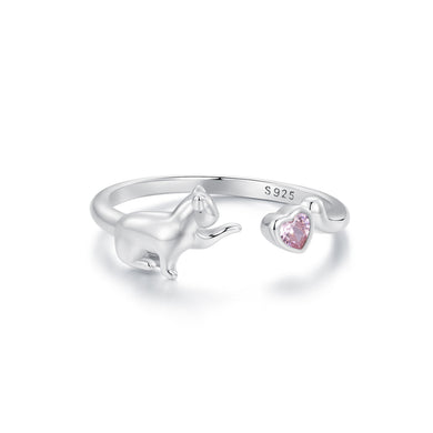925 Sterling Silver Cute Sweet Cat Pink Heart Shape Adjustable Open Ring with Cubic Zirconia