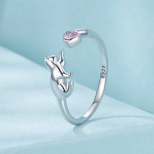 925 Sterling Silver Cute Sweet Cat Pink Heart Shape Adjustable Open Ring with Cubic Zirconia