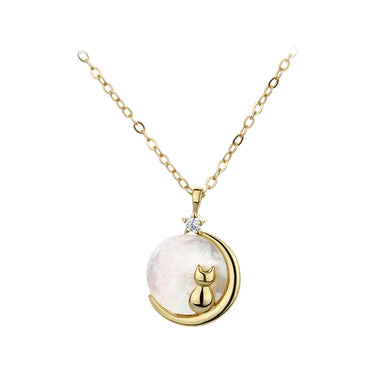925 Sterling Silver Plated Gold Simple Elegant Cat Moon Shell Pendant with Necklace