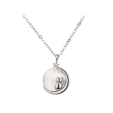 925 Sterling Silver Simple Elegant Cat Moon Shell Pendant with Necklace