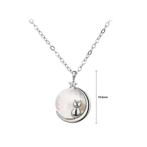 925 Sterling Silver Simple Elegant Cat Moon Shell Pendant with Necklace