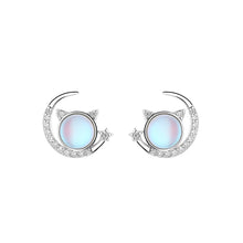 Load image into Gallery viewer, 925 Sterling Silver Fashion Creative Cat Moonstone Moon Stud Earrings with Cubic Zirconia