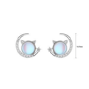 925 Sterling Silver Fashion Creative Cat Moonstone Moon Stud Earrings with Cubic Zirconia