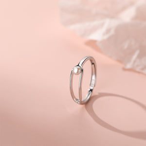 925 Sterling Silver Simple Personalized Hollow Oval Imitation Pearl Geometric Adjustable Ring