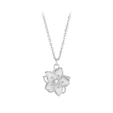 925 Sterling Silver Fashion and Sweet Enamel Jasmine Pendant with Cubic Zirconia and Necklace