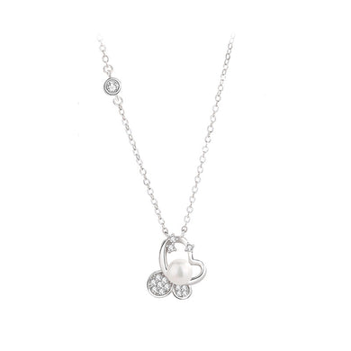 925 Sterling Silver Simple Sweet Butterfly Imitation Pearl Pendant with Cubic Zirconia and Necklace