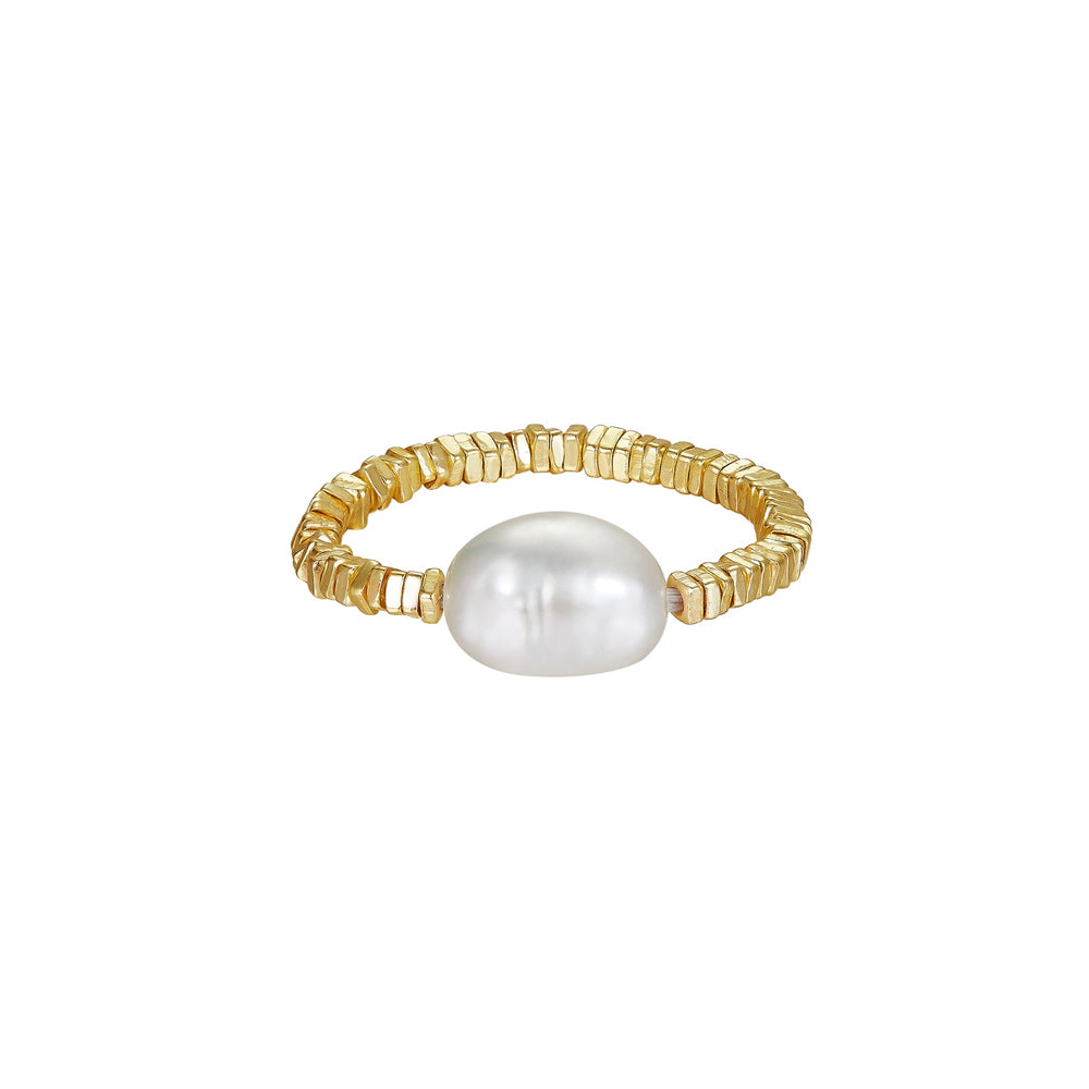 925 Sterling Silver Plated Gold Fashion and Personality Geometric Freshwater Pearl Extendable Ring