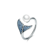 Load image into Gallery viewer, 925 Sterling Silver Simple and Personality Mermaid Imitation Pearl Adjustable Open Ring with Blue Cubic Zirconia