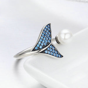 925 Sterling Silver Simple and Personality Mermaid Imitation Pearl Adjustable Open Ring with Blue Cubic Zirconia