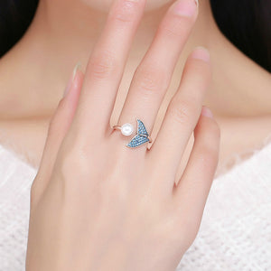 925 Sterling Silver Simple and Personality Mermaid Imitation Pearl Adjustable Open Ring with Blue Cubic Zirconia