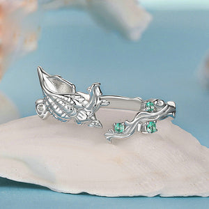 925 Sterling Silver Fashion Temperament Conch Sea Wave Adjustable Open Ring with Green Cubic Zirconia