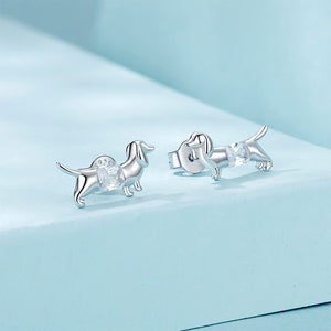 925 Sterling Silver Fashion Cute Dachshund Dog Stud Earrings with Cubic Zirconia
