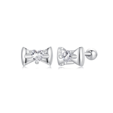 925 Sterling Silver Simple Sweet Ribbon Stud Earrings with Cubic Zirconia