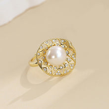Load image into Gallery viewer, 925 Sterling Silver Plated Gold Fashion Elegant Flower Freshwater Pearl Adjustable Ring with Cubic Zirconia