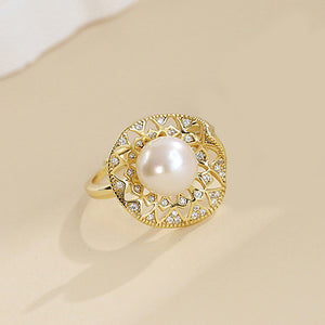 925 Sterling Silver Plated Gold Fashion Elegant Flower Freshwater Pearl Adjustable Ring with Cubic Zirconia