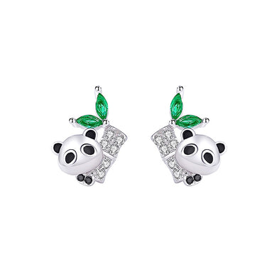 925 Sterling Silver Simple Cute Panda Bamboo Stud Earrings with Cubic Zirconia