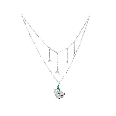 925 Sterling Silver Simple Cute Panda Bamboo Pendant with Cubic Zirconia and Double Layer Necklace