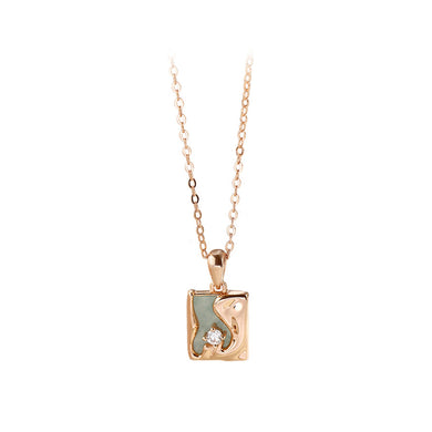 925 Sterling Silver Plated Rose Gold Simple and Fashion Irregular Pattern Square Pendant with Cubic Zirconia and Necklace