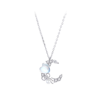925 Sterling Silver Fashion Moon Heart-shaped Moonstone Butterfly Pendant with Cubic Zirconia and Necklace