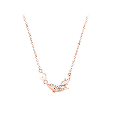 925 Sterling Silver Plated Rose Gold Simple and Cute Dolphin Imitation Pearl Pendant with Cubic Zirconia and Necklace