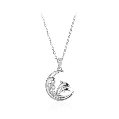 925 Sterling Silver Fashion and Creative Dolphin Moon Pendant with Cubic Zirconia and Necklace