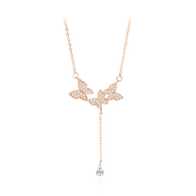 925 Sterling Silver Plated Rose Gold Fashion Temperament Butterfly Tassel Pendant with Cubic Zirconia and Necklace
