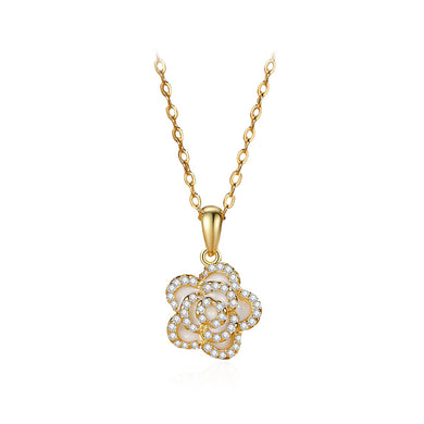 925 Sterling Silver Plated Gold Fashion and Elegant Flower Pendant with Cubic Zirconia and Necklace