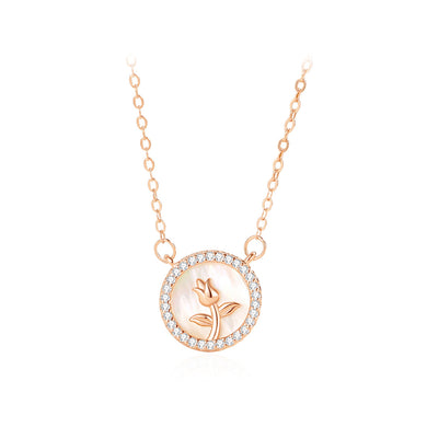 925 Sterling Silver Plated Rose Gold Fashion Romantic Rose Mother-of-pearl Geometric Pendant with Cubic Zirconia and Necklace