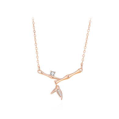925 Sterling Silver Plated Rose Gold Fashion Simple Bamboo Pendant with Cubic Zirconia and Necklace