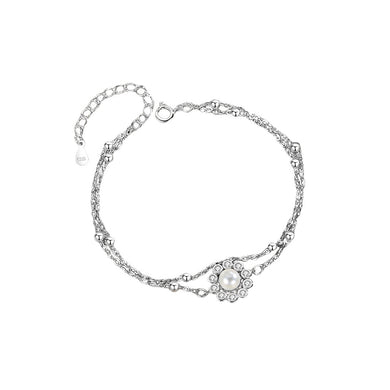 925 Sterling Silver Fashion and Elegant Flower Imitation Pearl Double Layer Bracelet with Cubic Zirconia