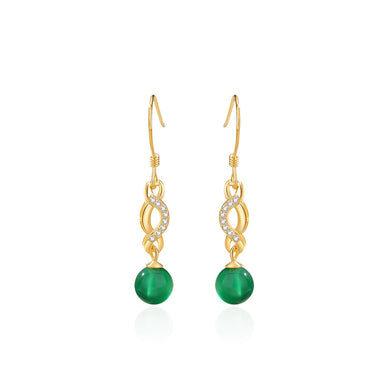 925 Sterling Silver Plated Gold Fashion and Elegant Intertwined Geometric Green Imitation Agate Earrings with Cubic Zirconia