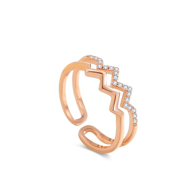 925 Sterling Silver Plated Rose Gold Simple and Personalized Geometric Corrugated Lines Double-layer Adjustable Open Ring with Cubic Zirconia